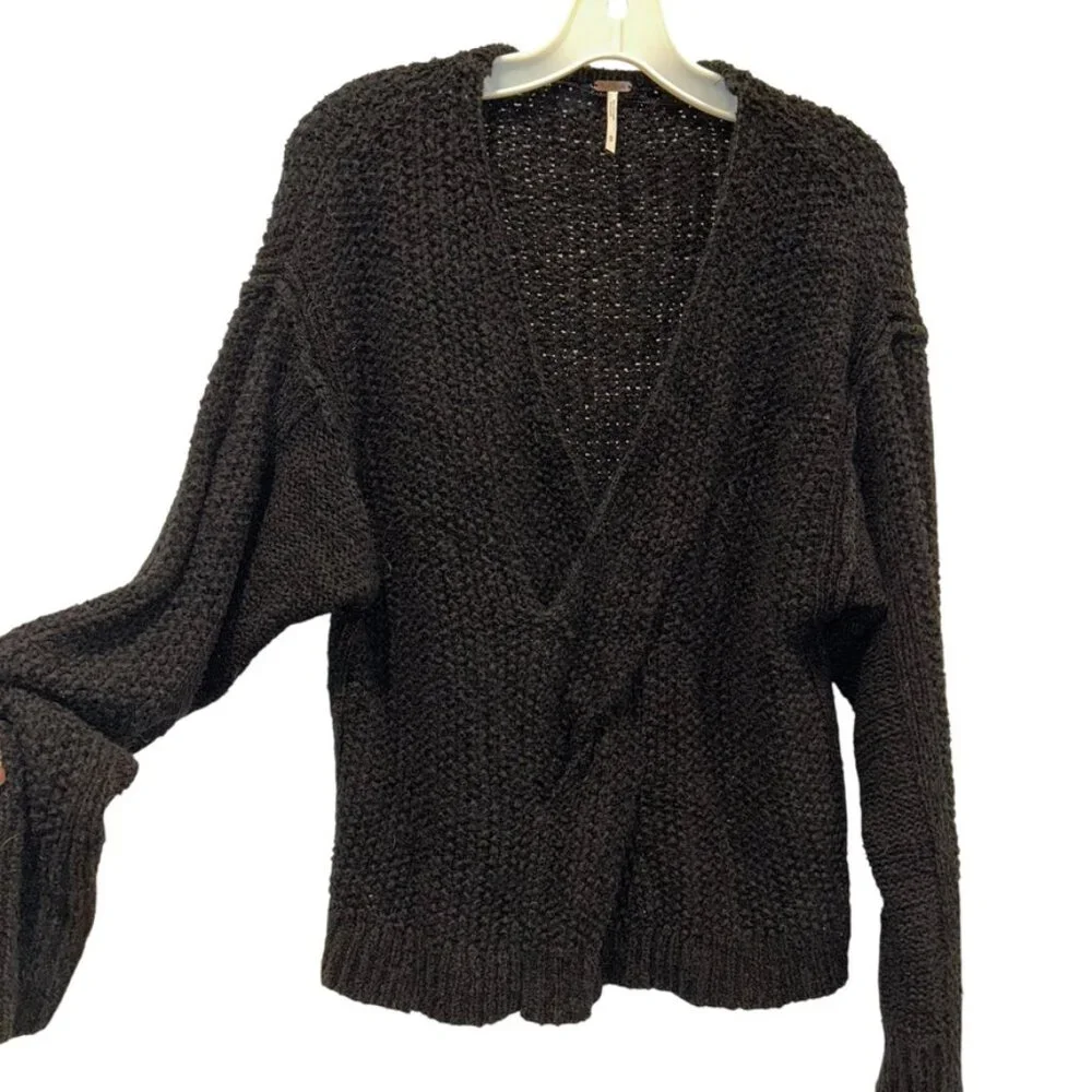 Free People charcol knit deep V interesting twist sweater M